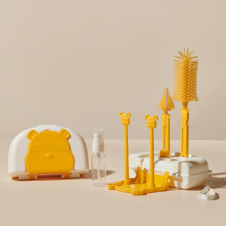 Set 7 Piese de Spalat/Uscat Biberoane, Cyrax, Portabil, Peri de Silicon, pentru Tetine, Suzete, Biberoane, Paie, Cutie Inclusa, 16 x 11 x 5 cm, Model Ursulet, Galben