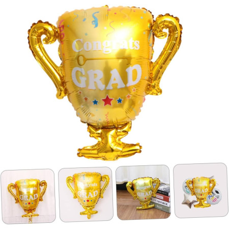 Balon din Folie Metalizata, Cyrax, Figurina Cupa, Tema Absolvire, 65x72cm, Ambalaj Individual, Pai Inclus, Umflare cu Aer sau Heliu, Galben