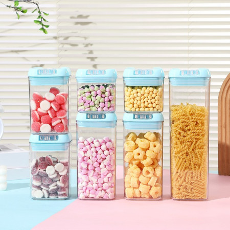 Set 7 Cutii de Depozitare Alimente, Cyrax, 2 x 500ml, 2 x 800ml, 2 x 1200ml, 1 x 1900 ml, Capac Albastru, din PP+PET, Inchidere Ermetica, Transparent