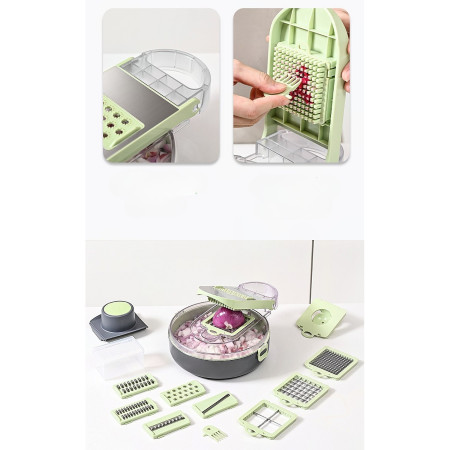 Feliator Multifunctional, Cyrax, Razatoare, 8 in 1, pentru Fructe si Legume, 12 Piese, Lame de Inox, Recipient Stocare, Separator Oua, Protectie Mana, ABS, Gri/Verde, 29.5x9x21.8 cm