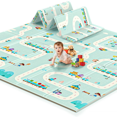Covoras pentru Copii, Cyrax, cu 2 Fete, Model Drum/Safari, din XPE+PE, Impermeabil, Antiderapant, Protectie Termica, +3 Luni, Pliabil, 150 x 200 x 1 cm, Multicolor