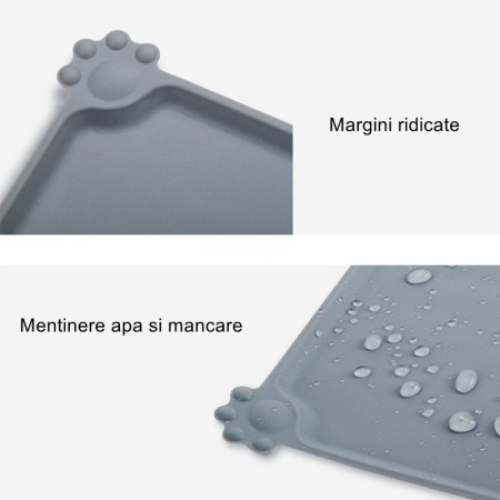 Covoras din silicon pentru animale  pentru bol de apa si mancare, antiderapant, margini ridicate pentru a mentine apa, 48.5x30 cm, Gri