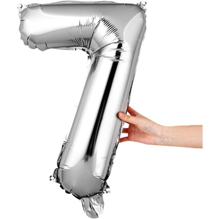 Balon din Folie Metalizata Cyrax, Figurina Cifra, Tema Aniversare 40 cm, Ambalaj Individual, Pai inclus, Umflare cu Aer sau Heliu, Argintiu, Cifra 7