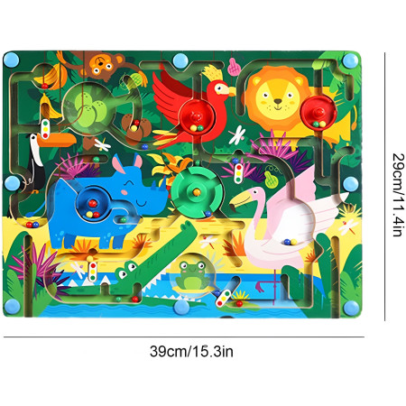 Joc Montessori de Sortare Culori, Cyrax, Creion Magnetic, Tip Labirint Ilustrat, din Lemn, Model Animale Salbatice, 39x29x1.5 cm