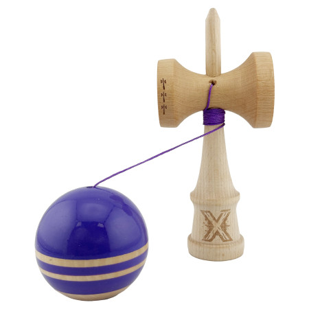 Kendama X Rainbow Originala, Profesionala, Cyrax, Big Cups V2, Super Sticky cu Cupe Mari, Rulment Metalic, din lemn 18 cm, Ata 55 cm, Indigo/Maro
