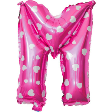 Balon Folie Metalizata Litera M, Cyrax, 40 cm, Cu Imprimeu Inimioare, Umflati cu Heliu sau Aer, Ambalaj Individual, Pai inclus, Roz