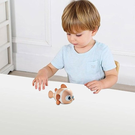 Jucarie mecanica pentru copii Cyrax, pestisor haios, cu cheita, distractiv, se taraste, se misca, 11 x 9 x 7.5 cm cm, portocaliu