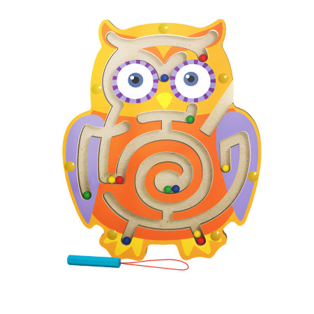 Joc Montessori cu Bile, Cyrax, Creion Magnetic, Tip Labirint, din Lemn, Model Bufnita, 18.5x17.5 cm, Portocaliu-Mov
