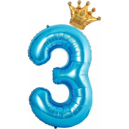 Balon din Folie Metalizata Cyrax, Figurina Cifra si Coroana, Tema Aniversare 100 cm, Ambalaj Individual, Pai inclus, Umflare cu Aer sau Heliu, Albastru, Cifra 3