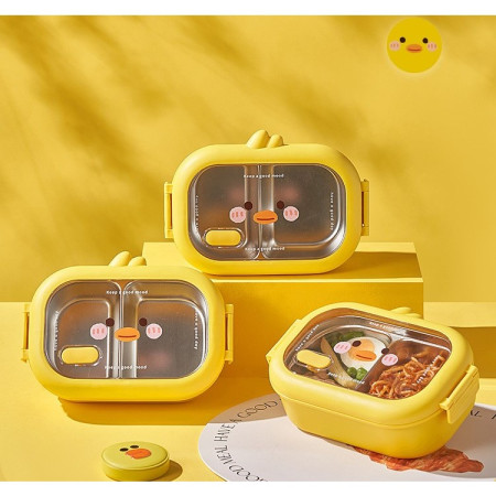 Cutie pentru Pranz sau Gustari, Cyrax, cu Doua Compartimente, Model Ratusca, pentru Copii si Adulti, Etansare, PP, Perfect pentru Scoala si Birou, 1000 mL, 22.5x14.5x8 cm, Galben