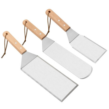 Set 3 spatule pentru gratar Cyrax, din metal, margini subtiri, suprafata antiaderenta, rezistente la temperaturi ridicate, maner ergonomic din lemn, 3 forme, agatatoare, gri