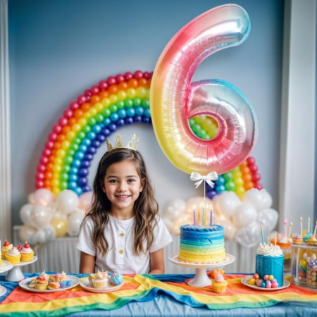 Balon din Folie Metalizata Cyrax, Figurina Cifra, Tema Aniversare 40 cm, Ambalaj Individual, Pai inclus, Umflare cu Aer sau Heliu, Multicolor, Cifra 6