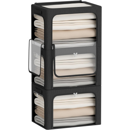 Cutie de Depozitare,  cu 3 Ferestre cu Fermoar Bidirectional, Cadru din Otel, Impermeabil, 38L, 42 x 30 x 30 cm, Negru