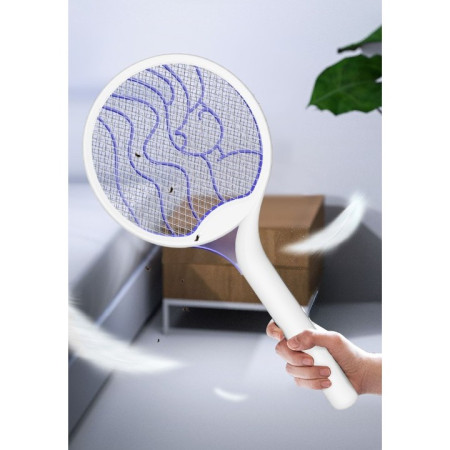 Paleta Electrica pentru Tantari, Muste si Tantari 2in1,  Reincarcabila, Incarcare USB, 2600V, Plastic, Casa si Gradina, Anti-insecte, Stand, 23x51 cm, Alb