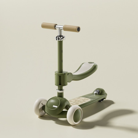 Trotineta Tip Carucior pentru Copii 7in1, Cyrax, Pliabila, Ghidon Reglabil, Parti Detasabile, Lumini LED, Muzica, Suport pentru picioare, Verde