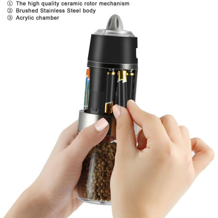 Rasnita Electrica Sare si Piper, Cyrax, cu Camera Depozitare Transparenta, Macinare, Functionare pe Baterii, cu Lumina, ABS, 20x6.5 cm, Argintiu/Transparent