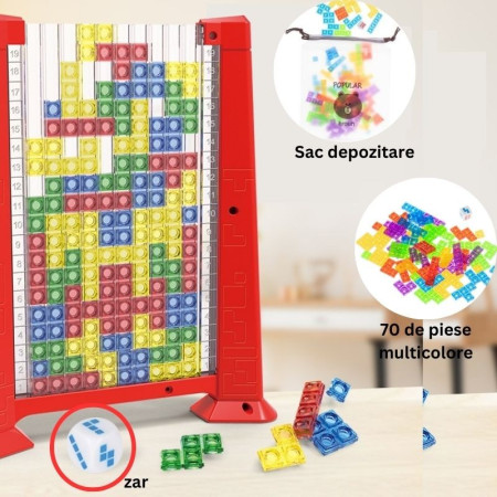Joc de inteligenta Tetris puzzle tangram Cyrax, 70 de piese multicolore, 3D, montessori, interactiv, din plastic, zar inclus, sac depozitare piese, varsta peste 6 ani, 23 x 19.8 x 5 cm, cadru rosu