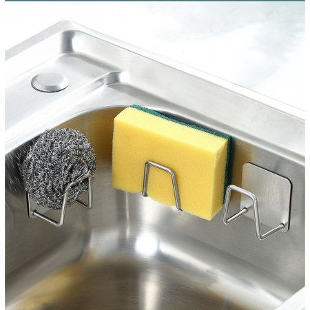 Organizator bucatarie Cyrax cu adeziv, carlig-suport pentru burete, accesorii bucatarie, 5x5x3,5 cm, otel inoxidabil, gri