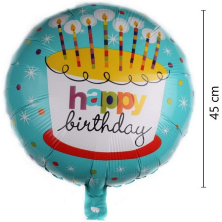 Balon din Folie Metalizata, Cyrax, Mini Figurina Rotunda, Model Happy Birthday Tort, Tema Aniversare, 45 cm, Ambalaj Individual, Pai inclus, Umflare cu Aer sau Heliu, Albastru
