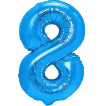 Balon din Folie Metalizata, Cyrax, Figurina Cifra, Tema Aniversare 80 cm, Ambalaj Individual, Pai inclus, Umflare cu Aer sau Heliu, Albastru, Cifra 8