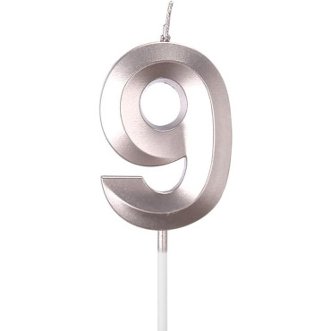 Lumanare Cifra 9, Cyrax, Model Diamond, 5 x 3.4 cm, Argintiu