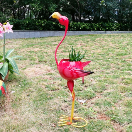 Decoratiune pentru Gradina,  Flamingo pentru Gradina cu Suport pentru Plante Flori, Ornament de Ghiveci de Flori, Model Flamingo, din Fier, 73 x 34 x 22 cm, Roz