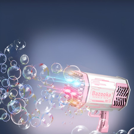 Pistol pentru Baloane de Sapun, Cyrax, 69 de Gauri, Lumini Colorate, Tavita, Lichid, Baterie de Li, Cablu de Incarcare, 24cm x 14cm x 24cm, Roz