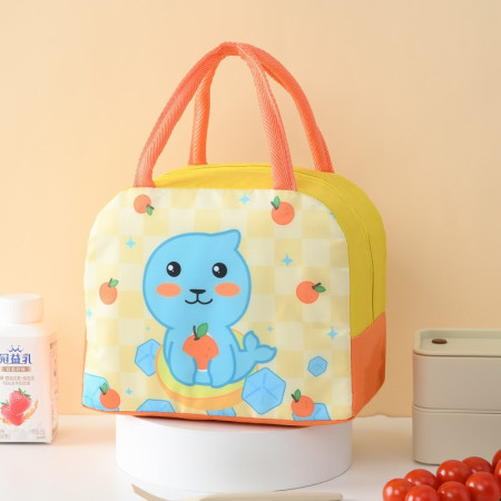 Geanta Termoizolanta pentru Copii, Cyrax, 23x13x19 cm, Model Imprimeu Foca, din Folie de Aluminiu si Panza Oxford, Galben/Portocaliu