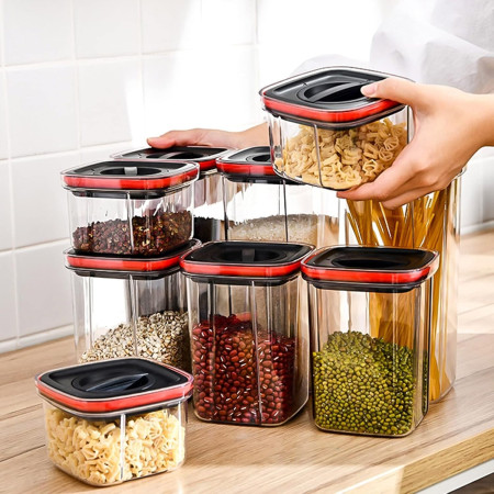 Cutii de Depozitare Alimente, Cyrax, Set din 5 Cuti de tip Container, Recipiente pentru Cereale in Bucatarie,  Transparente cu Capac Negru