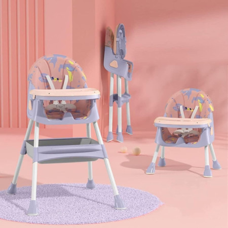 Scaun de Masa 2in1, Cyrax, pentru Copii de la 6 luni - 5 Ani, Inaltime Reglabila, Centura in 5 Puncte, Tava de Masa, Roti cu Frana, Cos Depozitare, Jucarie Inclusa, 94 x 78 x 60 cm, Roz/Mov