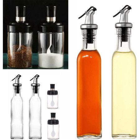 Sticle si Borcane de Ulei de Masline, Cyrax, Dozator Set 4 Bucati, 2 Sticle cu Dispenser 500 ml/buc, 2 Borcane pentru Condimente cu Capac si Lingura 120ml/buc, Transparent