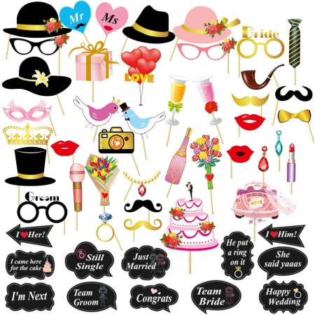 Set 60 de Accesorii pentru Petrecere, Cyrax, Tematica Nunta, Props pentru Coltul de Poze, Ochelari, Palarii, Mustata, Cravata, pentru Evenimente, Multicolor