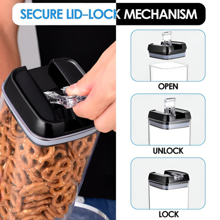 Set Cutii de Depozitare a Alimentelor, Cyrax, 7 Recipiente, 10 Etichete Reutilizabile, 4 Linguri, pentru Bucatarie, Spatula, Etansare, Fara BPA, Transparente, Capac Negru