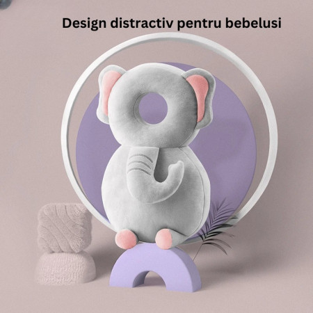 Perna tip Rucsac pentru Protectia Capului,  Tetiera tip Elefant de Plus, pentru Bebelusi, 33x6x19 cm, 180 g, Gri