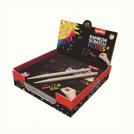 Set 100 de Planse Razuibile, Cyrax, din Hartie Curcubeu, 2 Creioane din Bambus + 2 Sabloane, +3 Ani, 8.5 x 8.5 cm, Multicolor