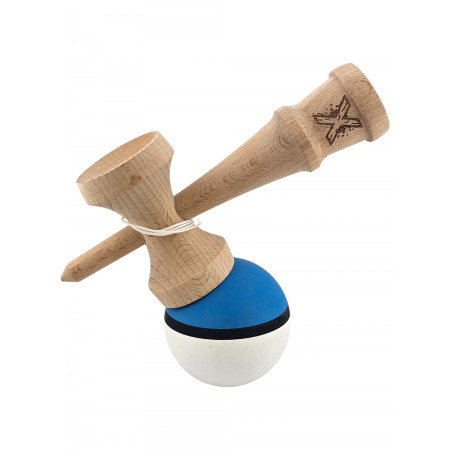 Kendama X Originala, Profesionala, Cyrax, din Lemn, 18 cm, Rubber Grip, Albastru/Alb