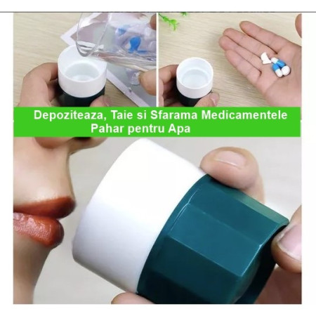 Cutie Pastile Multifunctionala,  4 in 1, Pahar Apa, Taiere, Sfaramare, Depozitare, Compact, ABS cu Lama din Inox, Alb/Verde, 8.7x6.2x4.1 cm