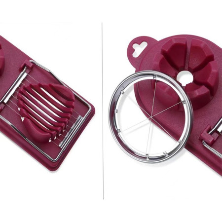 Feliator multifunctional Cyrax pentru oua, mozzarela, fructe, 2 forme de feliere, agatatoare, 20 cm, Visiniu