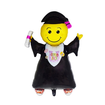 Balon din Folie Metalizata, Cyrax, Figurina Absolvent, Tema Absolvire, 91x62 cm, Ambalaj Individual, Pai Inclus, Umflare cu Aer sau Heliu, Negru