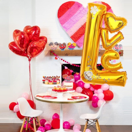 Balon din Folie Metalizata, Cyrax, Figurine, Model LOVE, Tematica Iubire, 110x64 cm, Ambalaj Individual, Pai Inclus, Umflare cu Aer sau Heliu, Galben