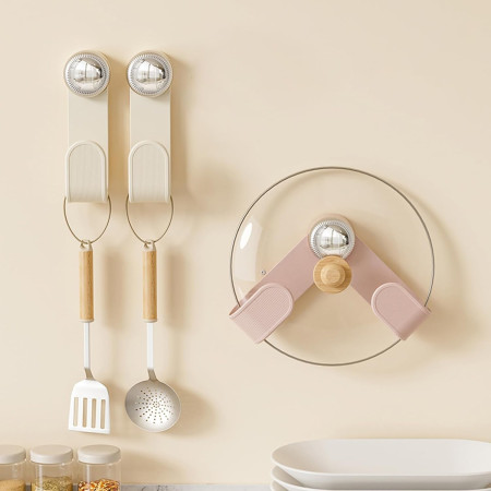 Suport pentru Capace Vase, Cyrax, Suport de Depozitare pentru Capacul Oalei in Bucatarie, cu Ventuza, Usor de Montat pe Perete, 19 x 6 x 5 cm, Alb Crem