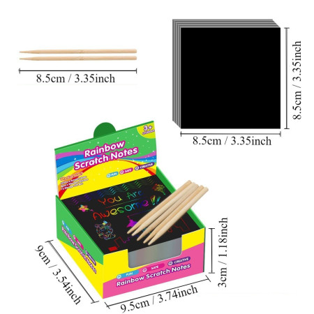 Set 100 de Foi de Hartie de Razuit, Cyrax, cu Creion din Bambus, pentru Desen, 8.5 x 8.5, Curcubeu, Negru