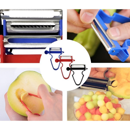 Set 3 Accesorii de Decojire, Razuire si Feliere, Cyrax, pentru Legume si Fructe, Negru-Rosu-Albastru