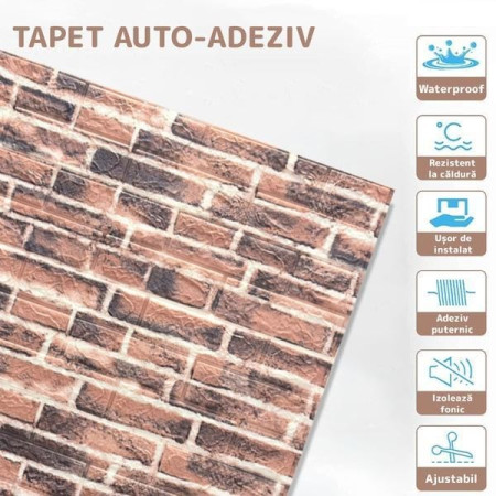 Set 10 Placi Tapet 3D,  70 x 77 cm, Grosime 3 mm, din Polietilena, Model Caramida, Suprafata acoperita 5.3 mp, Caramida Rosie