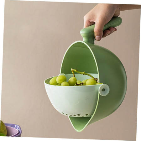 Bol cu Doua Straturi, Cyrax, pentru Fructe, Legume, cu Cos de Scurgere a Apei, 2L, din ABS+PP, 29.9 x 22.5 x 11.8 cm, Verde-Alb