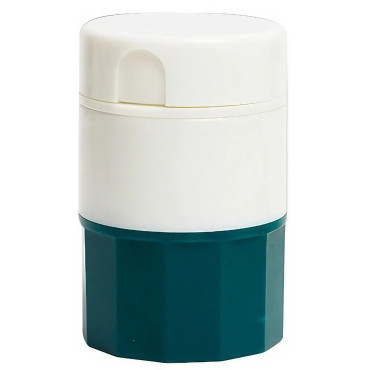 Cutie Pastile Multifunctionala,  4 in 1, Pahar Apa, Taiere, Sfaramare, Depozitare, Compact, ABS cu Lama din Inox, Alb/Verde, 8.7x6.2x4.1 cm