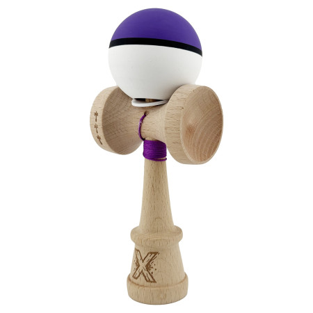 Kendama X Originala, Profesionala, Cyrax, Cupe Mari KING SIZE V3, Rubber Grip, Gaura in Baza, Rulment Metalic, din lemn 18 cm, Ata 62/65 cm, S Bicolor Violet/Alb