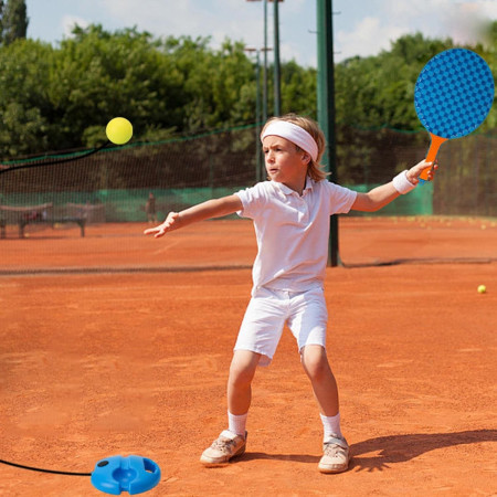 Set Badminton pentru Copii, Cyrax, Doua Palete, Fluturas, 2 Mingi, Minge cu Elastic pentru Antrenament, Suport de Prindere Stabil, 41x23 cm, Albastru Portocaliu