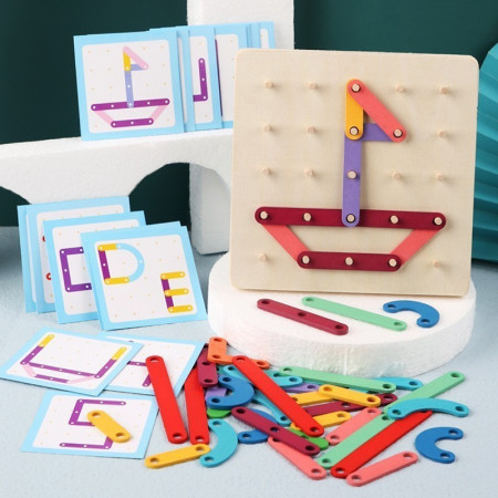 Jucarie Montessori Pegboard, Cyrax, din Lemn, Tip Puzzle, Forme, Litere, Educativ, 17.8 x 17.8 x 1.5 cm, Multicolor