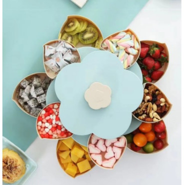 Tava pentru Servire, Cyrax, pentru Fructe / Legume / Snackuri, cu Sertare, Deschidere Rotativa, pe 2 Straturi, in Forma de Floare, 26 x 26 x 11.5 cm Albastru